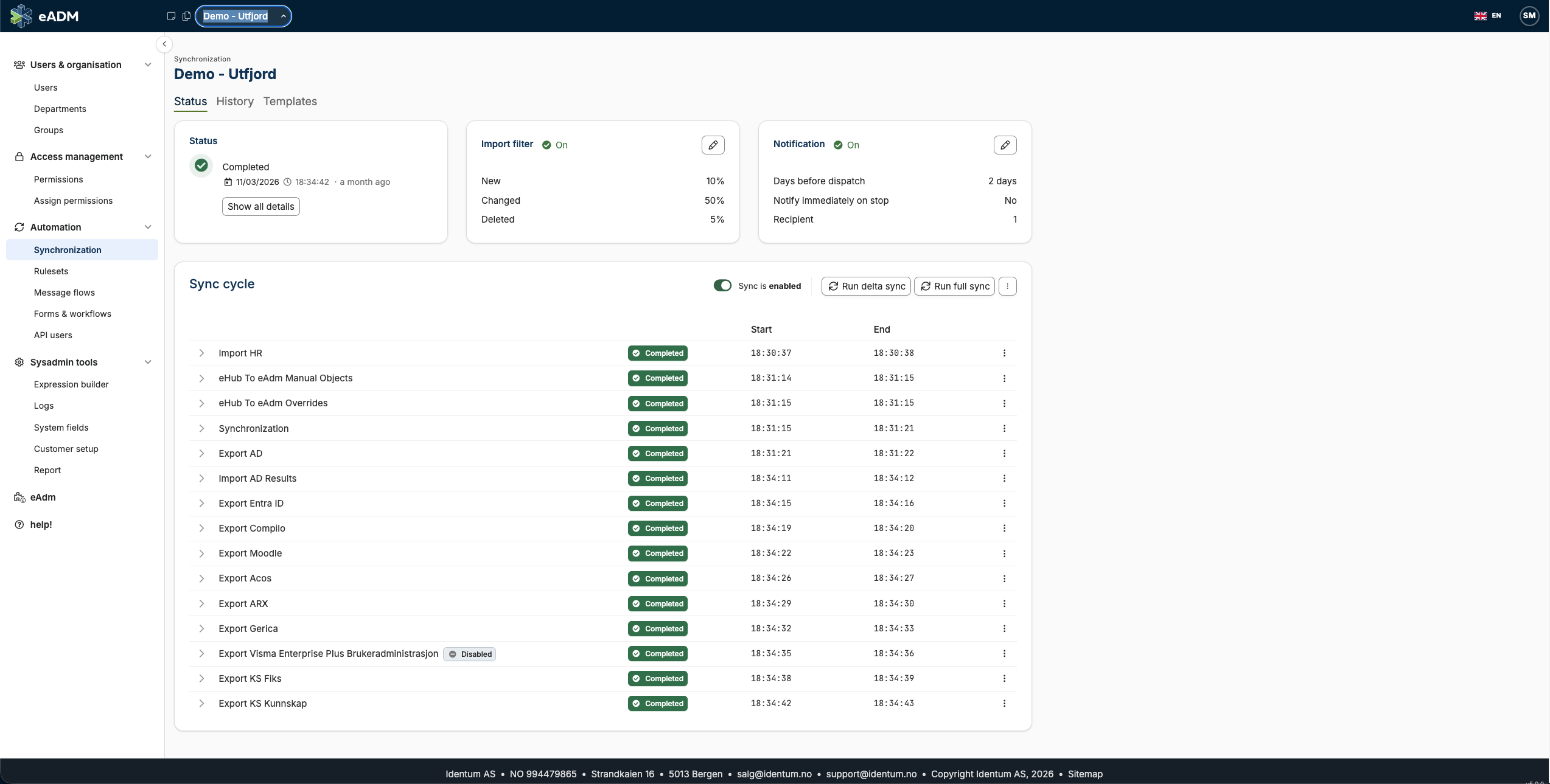 2026-04-07 eADM Synkronisation page - Demo portal