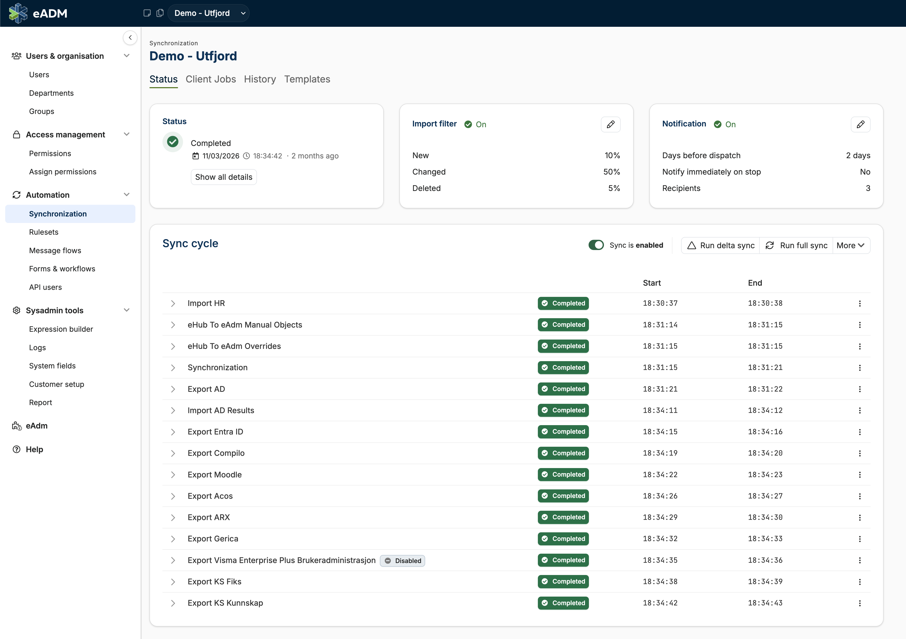eADM Synchronisation page