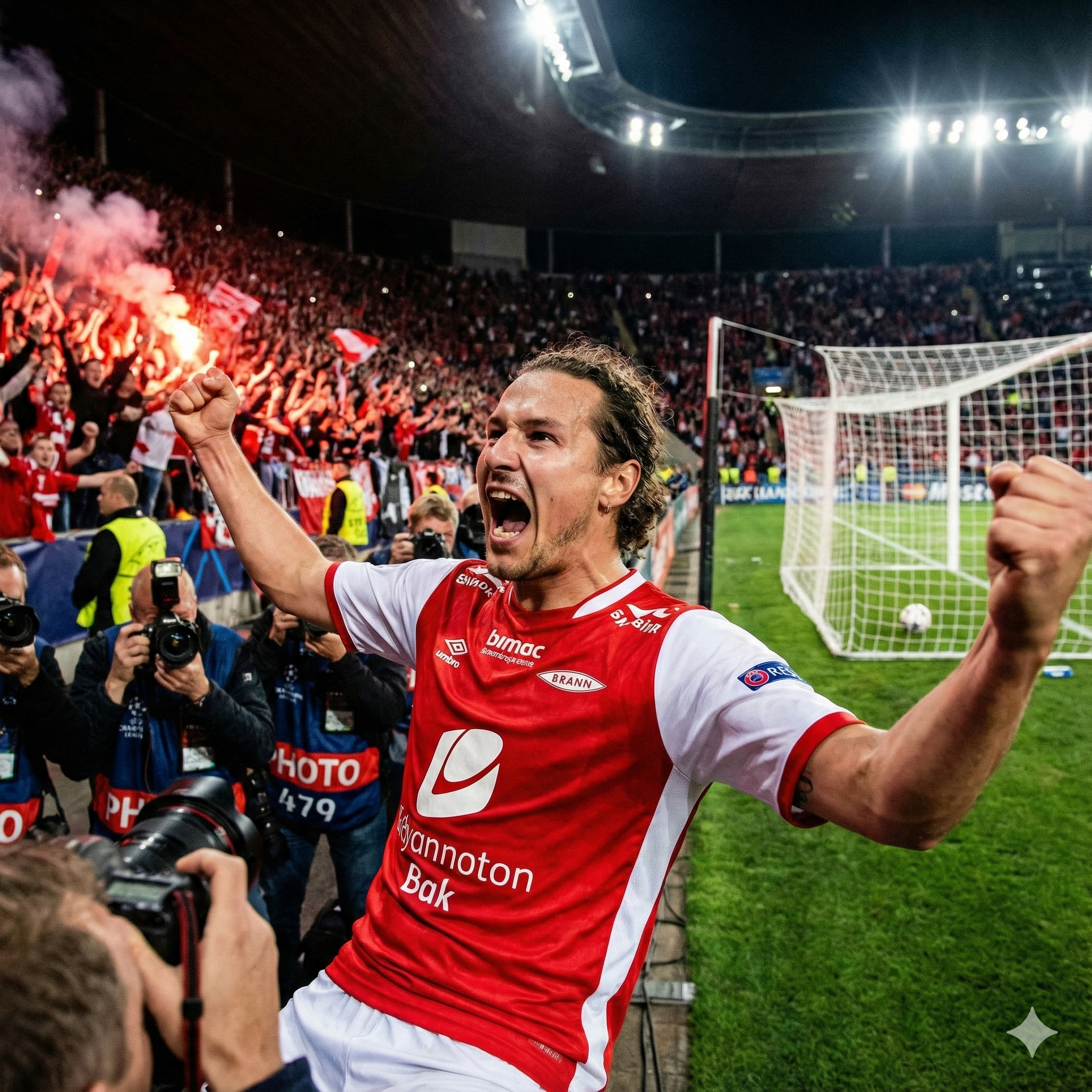 AI generert bilde av Sturle som nettopp har scoret for Brann