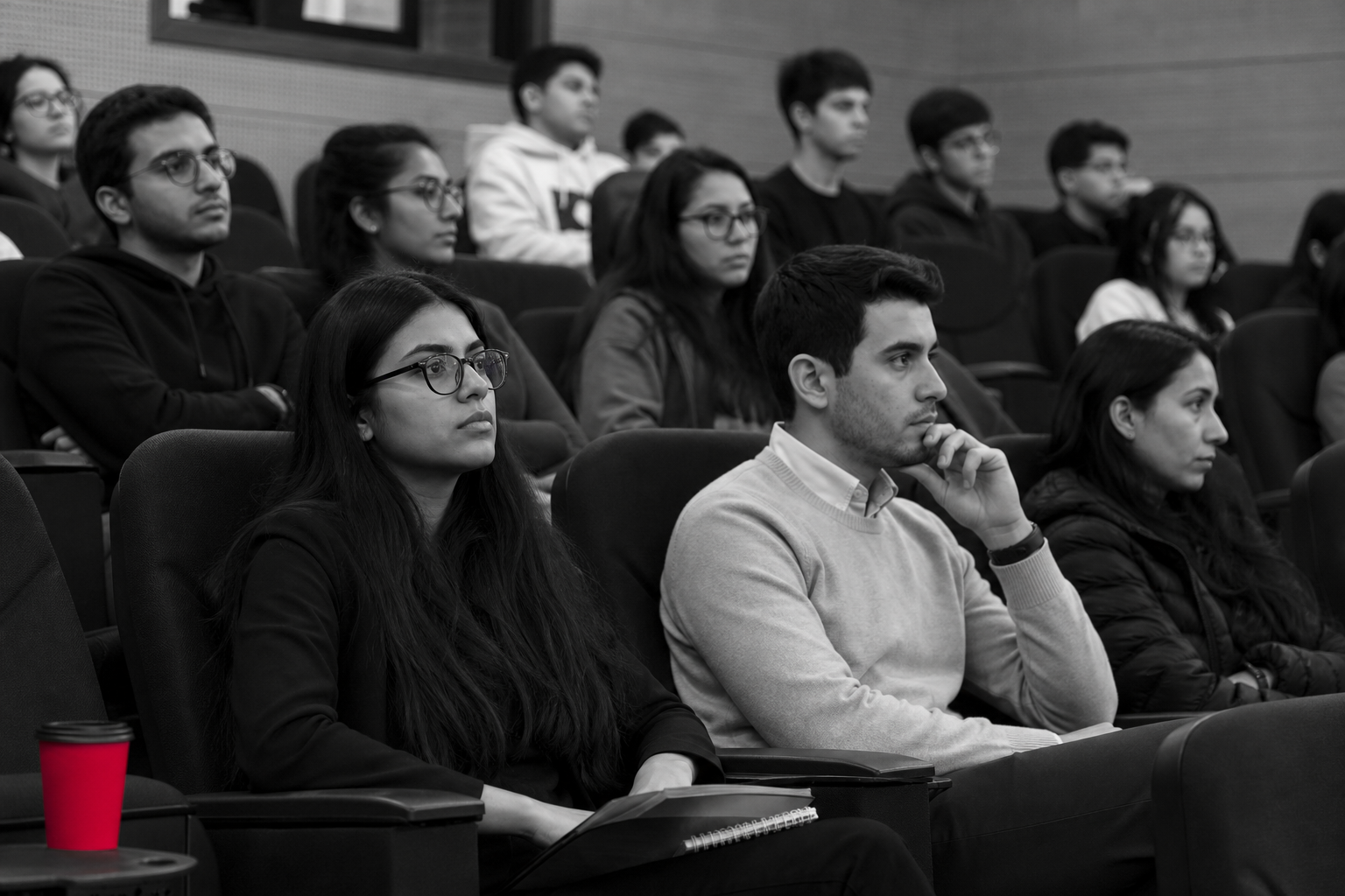 Black and White Students in Auditorium with Cherry Detail