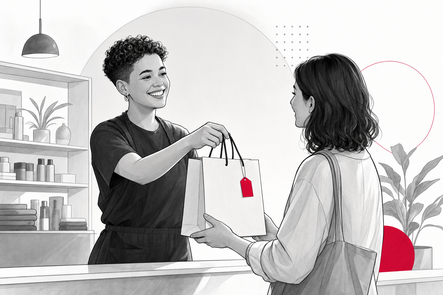 Service Worker Greeting Customer with Cherry Shopping Bag